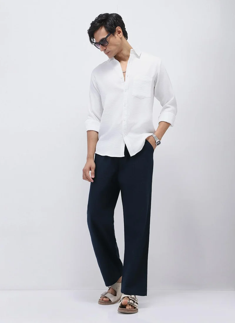 Urbano Fashion  Urbano Fashion Men's Navy Loose Fit Solid Linen Blend Trousers Non-Stretchable for Men | Best Price UAE